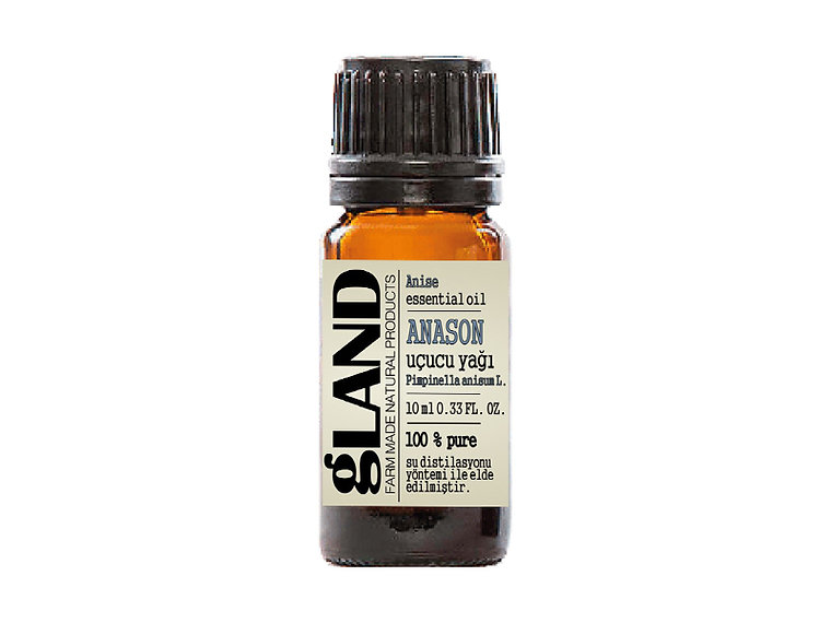 Amber şişede GLAND anason uçucu yağı, %100 saf, yüksek anethol oranlı.