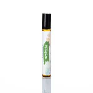 Amber 10 ml roll-on şişe, saf avokado yağı, siyah paslanmaz bilye başlık.