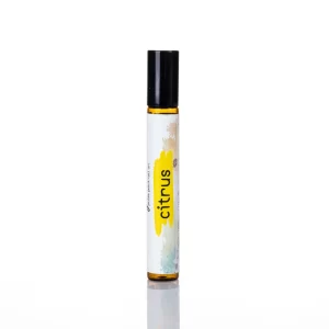 Jojoba bazlı narenciye roll-on tüpü, sarı etiketli, siyah kapaklı.