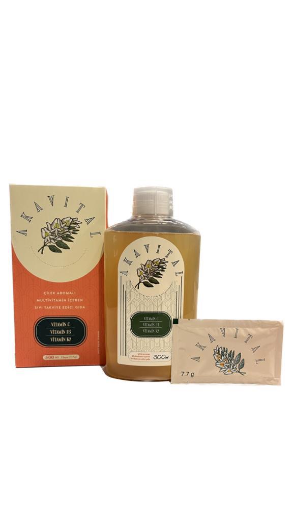 Çilek aromalı Akavital 500 mL şişe, kutu ve 7,7 g şase.