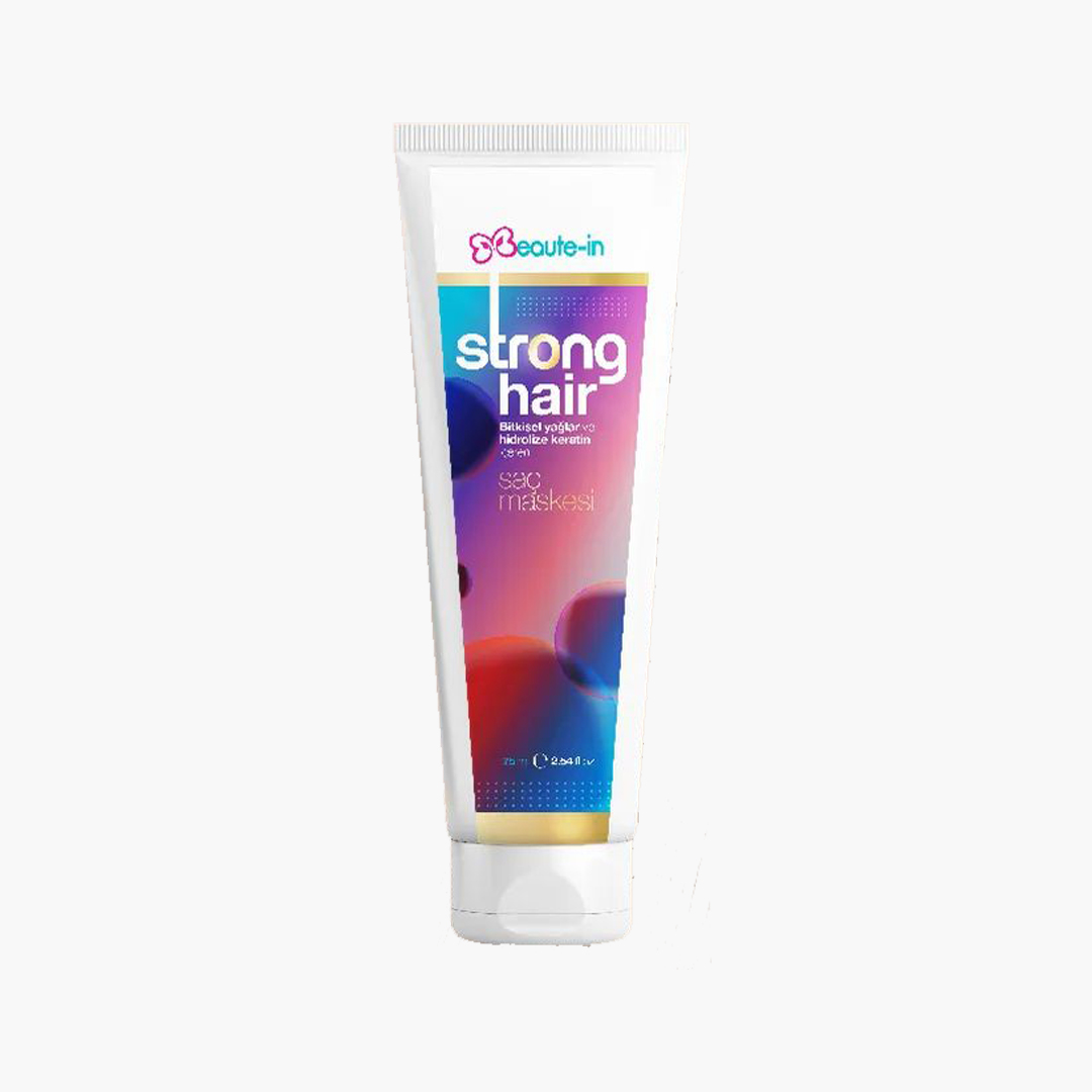 Bitkisel yağlı, keratinli Beaute-in Strong Hair onarıcı saç maskesi tüpü.
