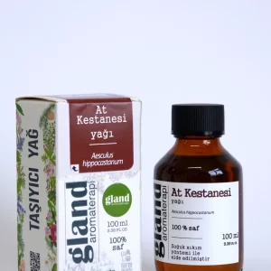 Kehribar cam şişede Gland markalı 100 ml at kestanesi taşıyıcı yağı.