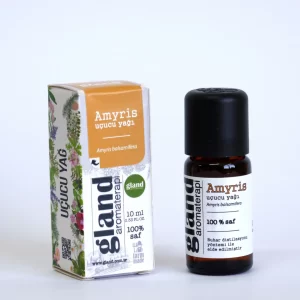 Kehribar şişede GLAND markalı, %100 saf 10 ml Amyris uçucu yağı.