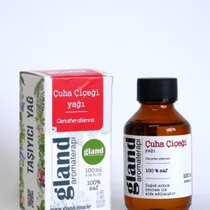 Amber şişede 100 ml Çuha çiçeği yağı ve kırmızı kutu.